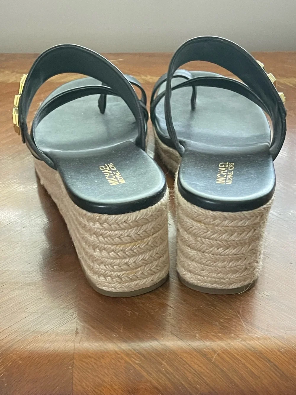 Michael Kors Black Leather Espadrille Wedge Sandals with Gold MK Accent